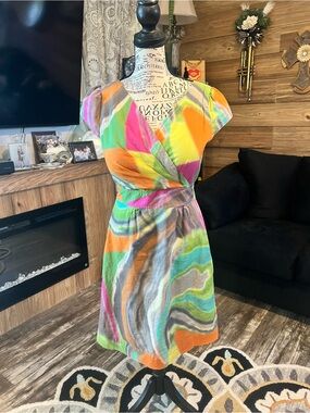 Allure Noir Multicolor Wrap-Style Midi Dress in Neon Swirl